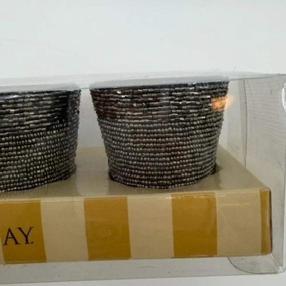 Bombay Set of‎ 3 Hand-Beaded Tealight Holders Gunmetal Graphite 3x3 Votives NEW